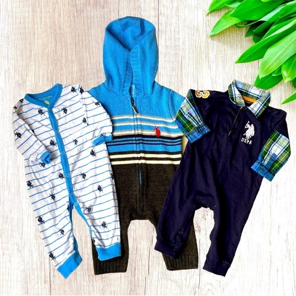 U.S. polo association 3 piece onesie set size 3-6 months boy blue plaid stripe